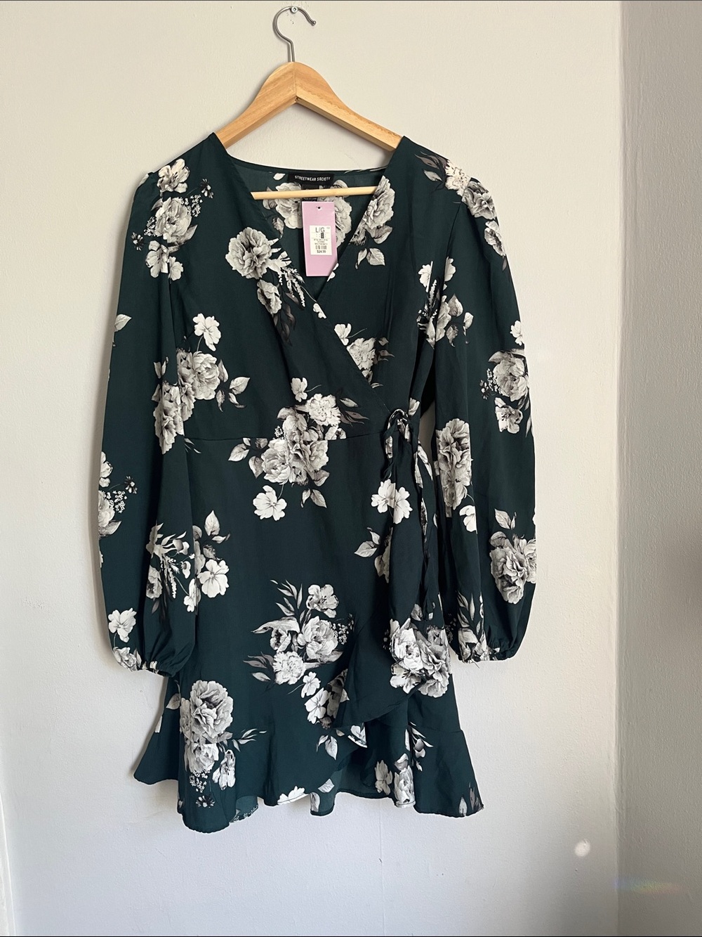 Streetwear Society Dark Green Floral Wrap Dress - White Floral